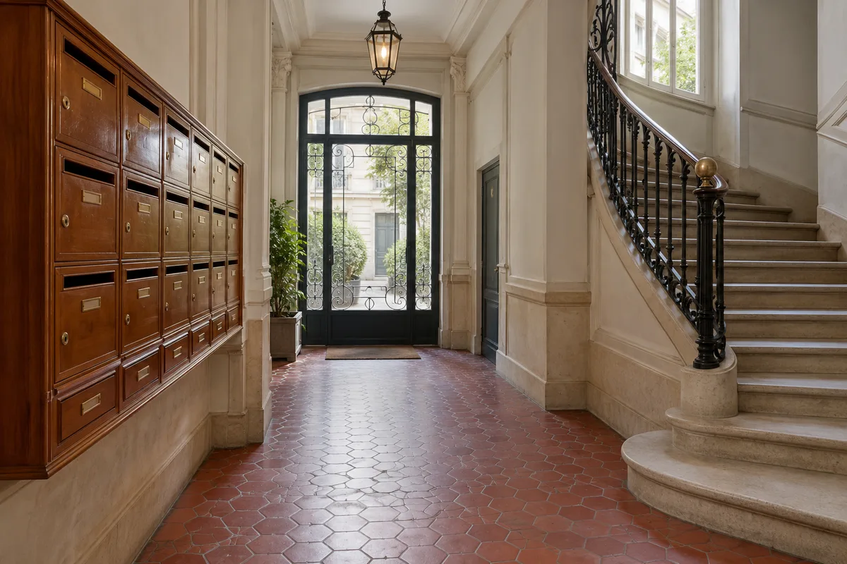 Hall d&rsquo;entrée d&rsquo;un immeuble ancien avec boîtes aux lettres en bois et escalier en pierre
