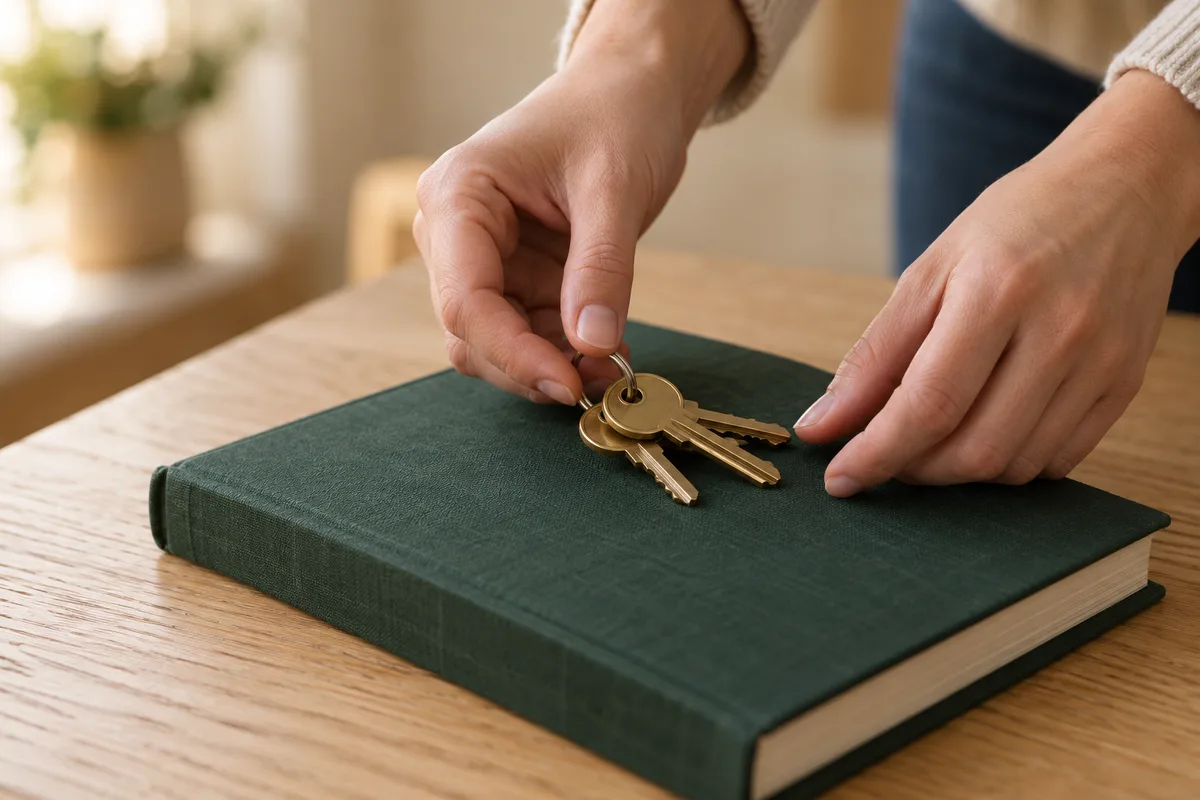Mains posant un trousseau de clés sur un registre fermé à couverture unie