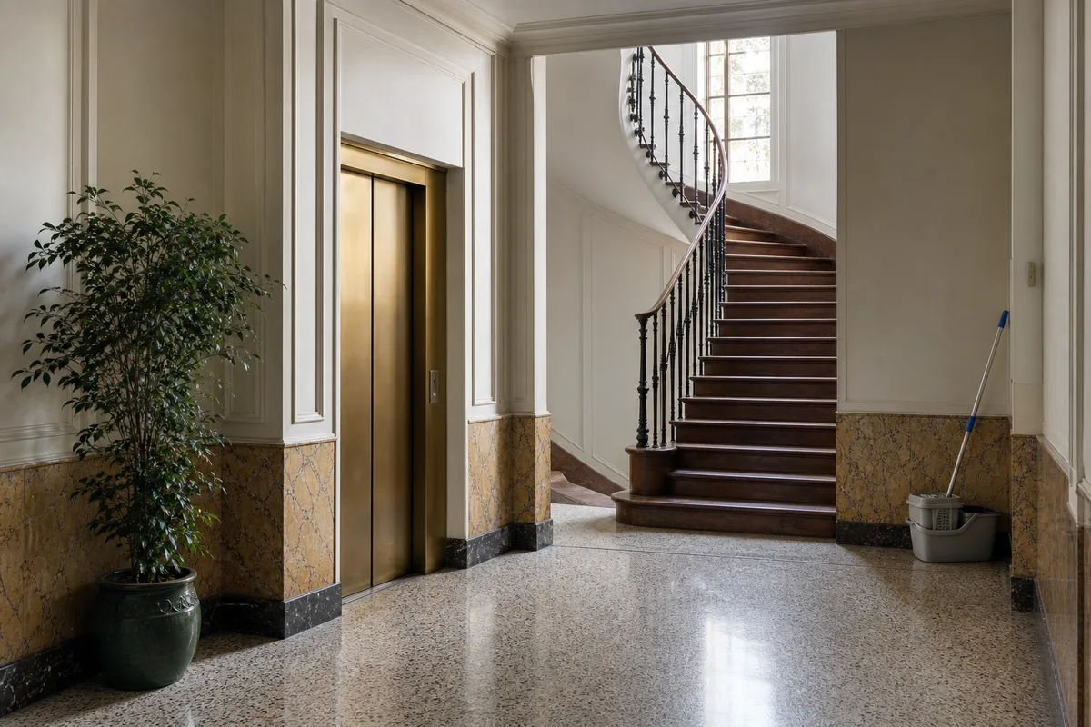 Hall commun d&rsquo;un immeuble d&rsquo;habitation français avec ascenseur et escalier