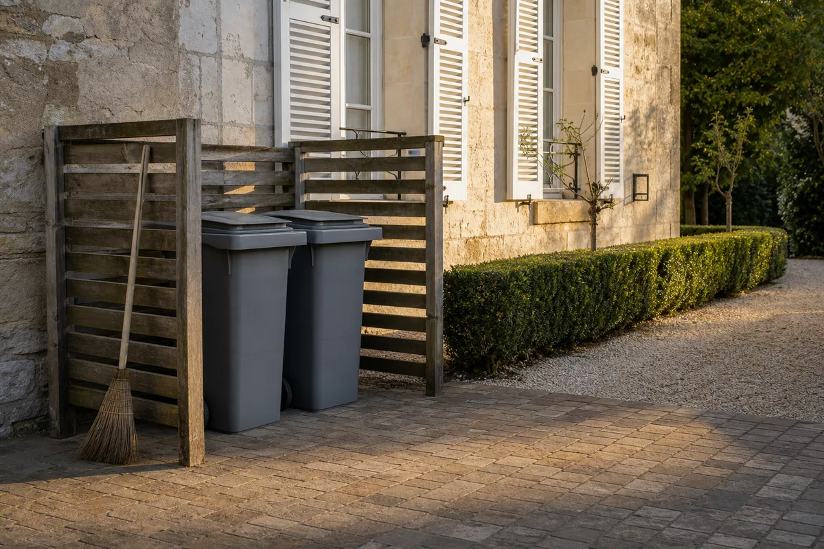 Cour pavée et espaces verts entretenus au pied d&rsquo;un immeuble résidentiel
