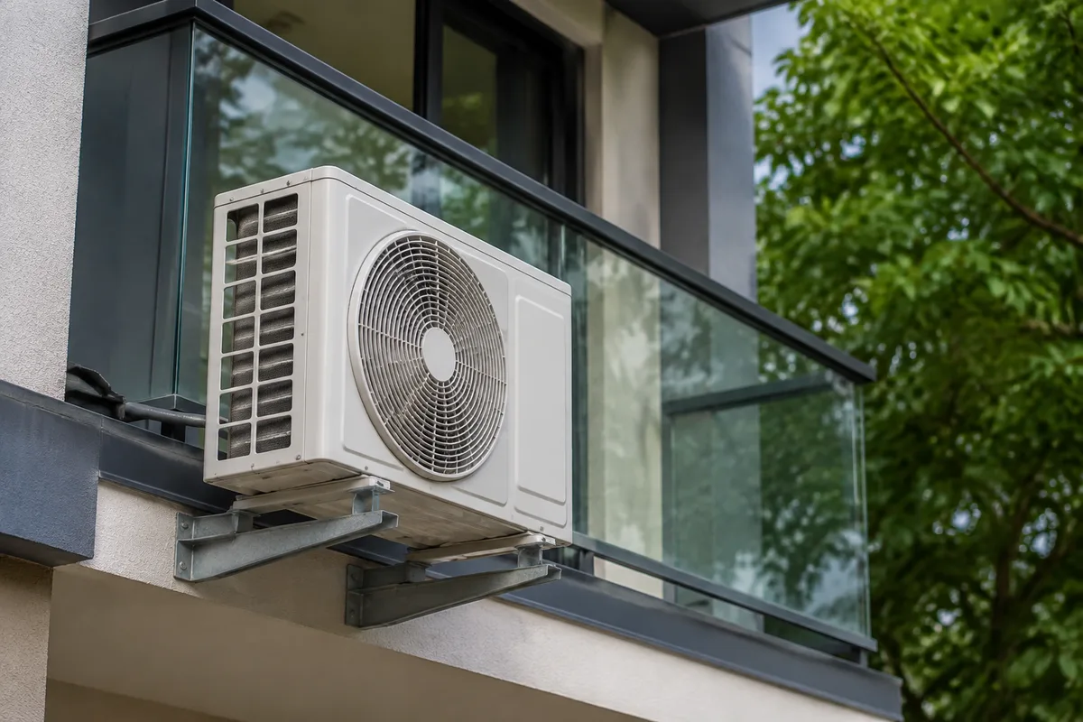 Unité extérieure de climatisation fixée sur un balcon d&rsquo;immeuble résidentiel, vue de trois quarts