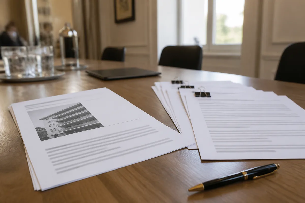 Table de réunion avec convocation d&rsquo;assemblée générale, projets de contrat de syndic et stylo