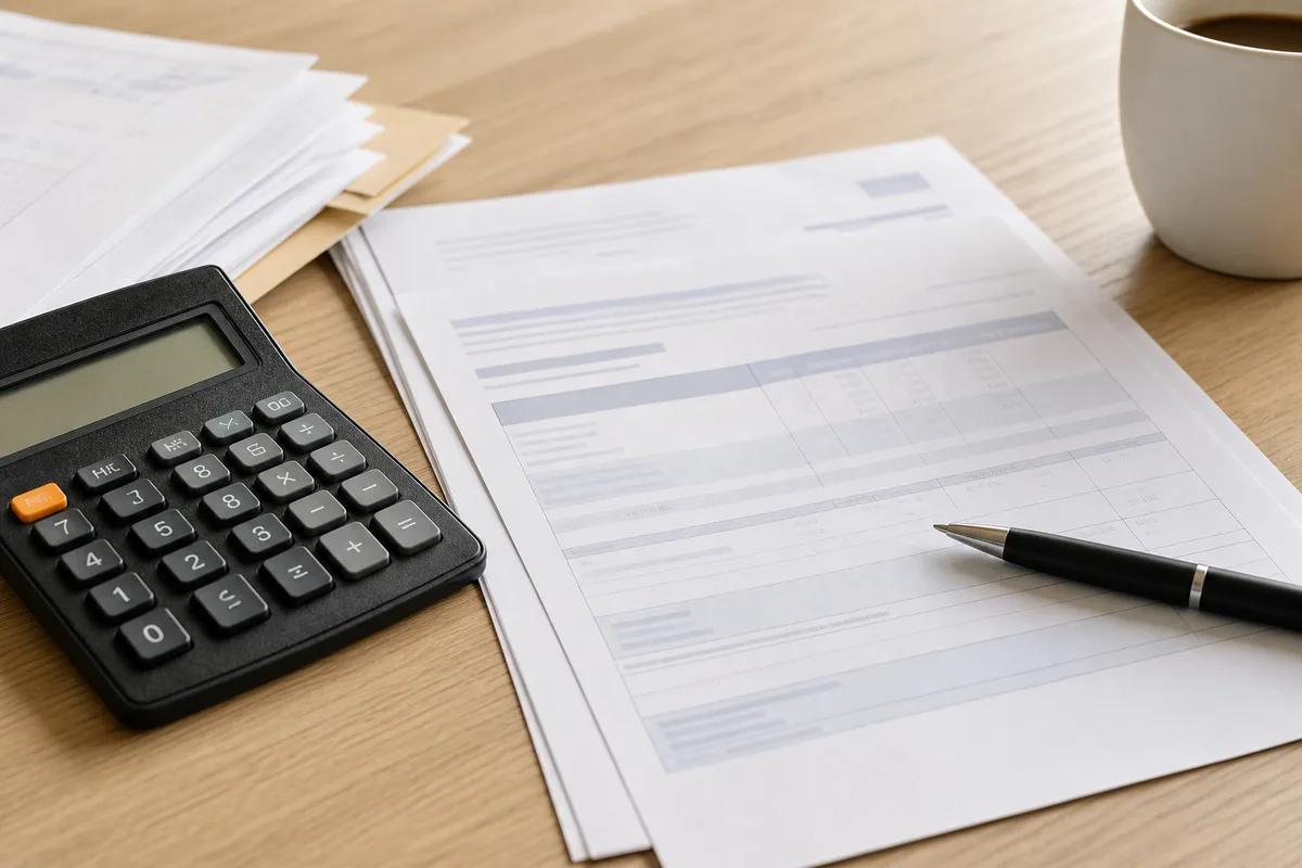 Calculatrice, appel de fonds et relevé de charges de copropriété posés sur un bureau