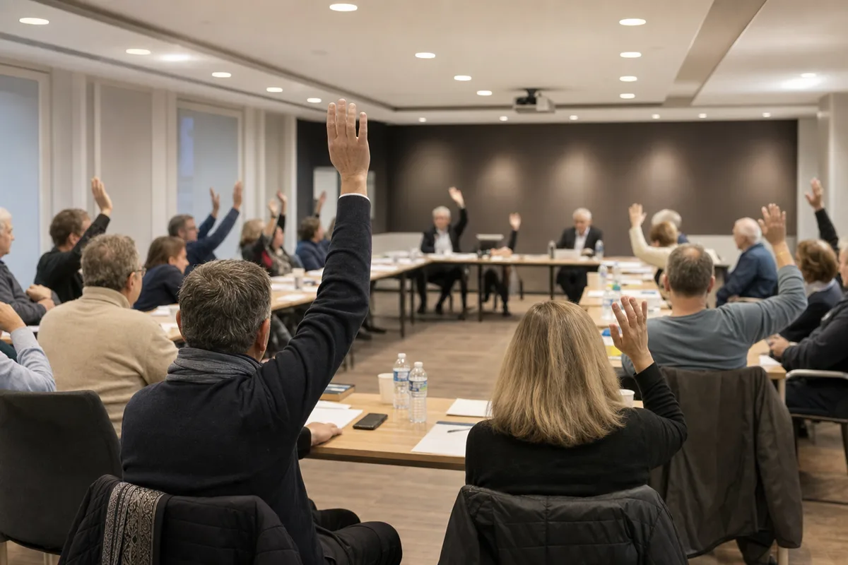 Assemblée générale de copropriété, copropriétaires votant à main levée dans une salle
