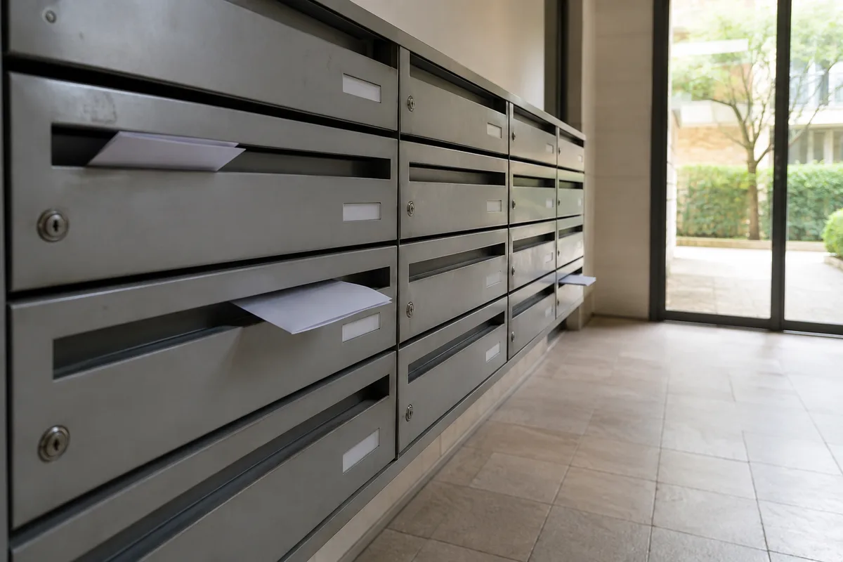 Boîtes aux lettres d’un immeuble en copropriété avec des enveloppes de convocation déposées