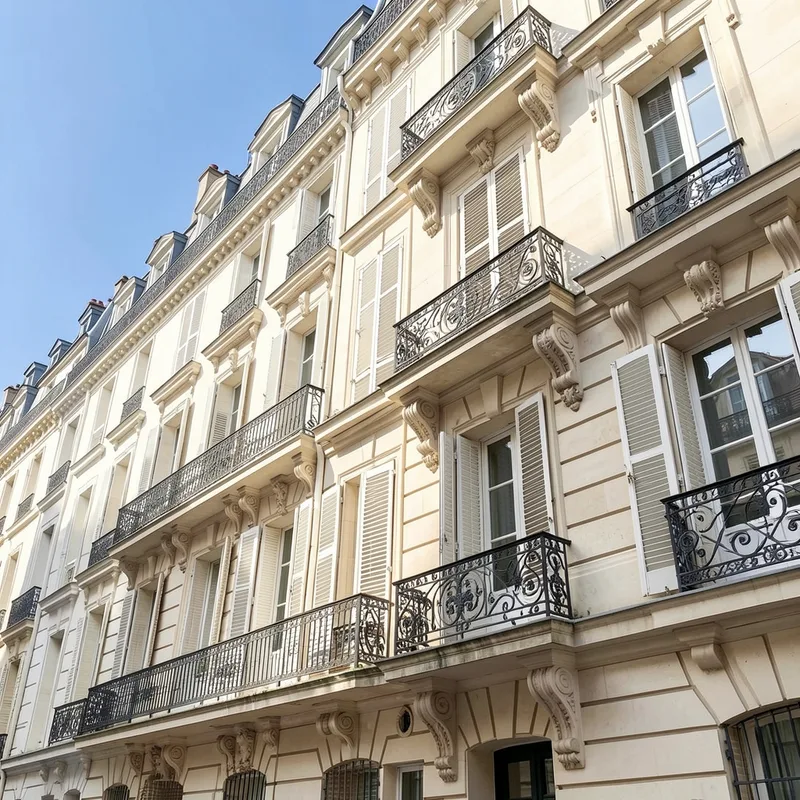 Immeuble d&rsquo;habitation parisien avec balcons en fer forgé sous un ciel clair
