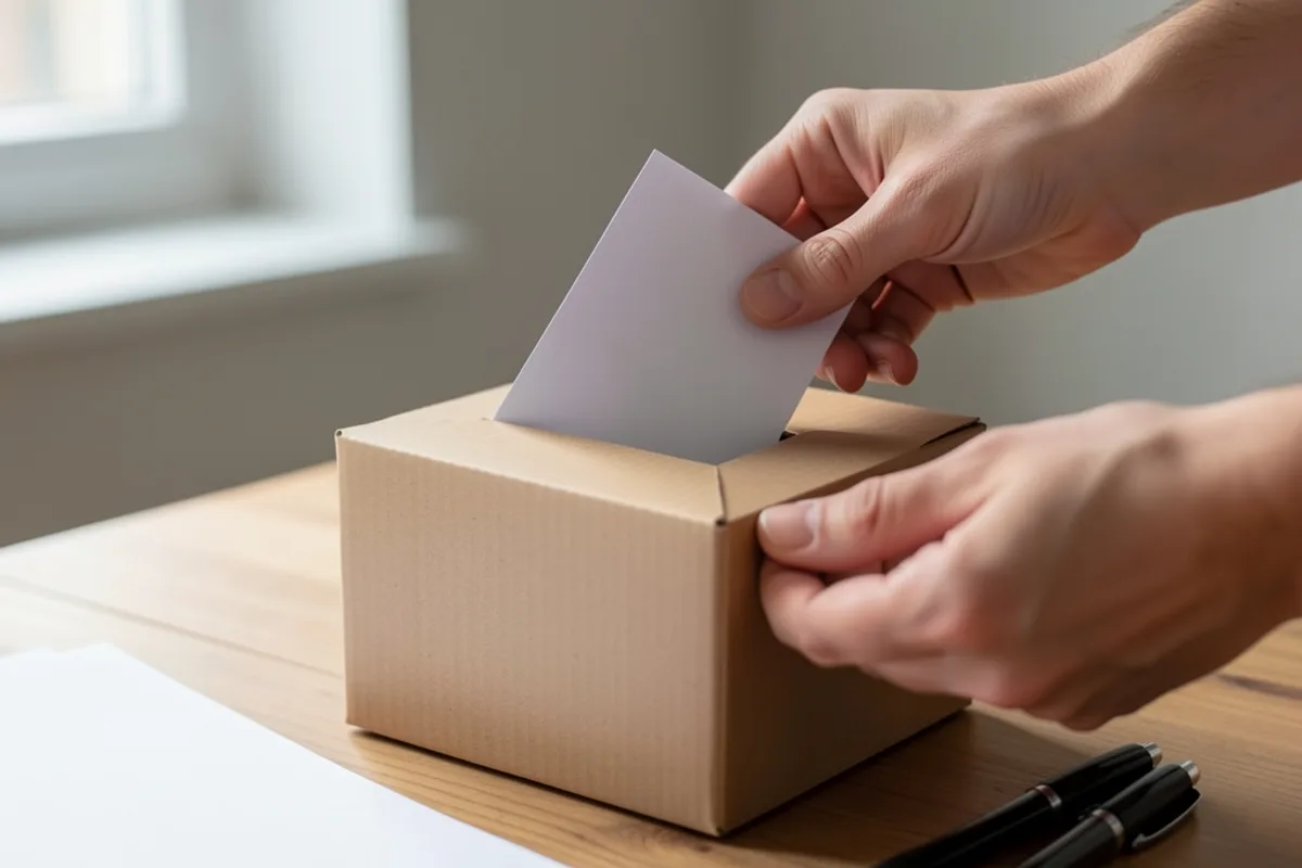 Mains glissant un bulletin plié dans une boîte en carton posée sur une table