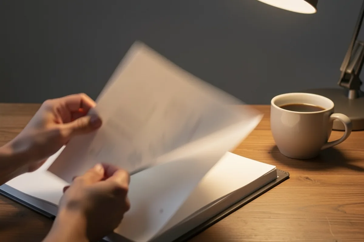 Mains feuilletant un classeur ouvert sur un bureau éclairé par une lampe