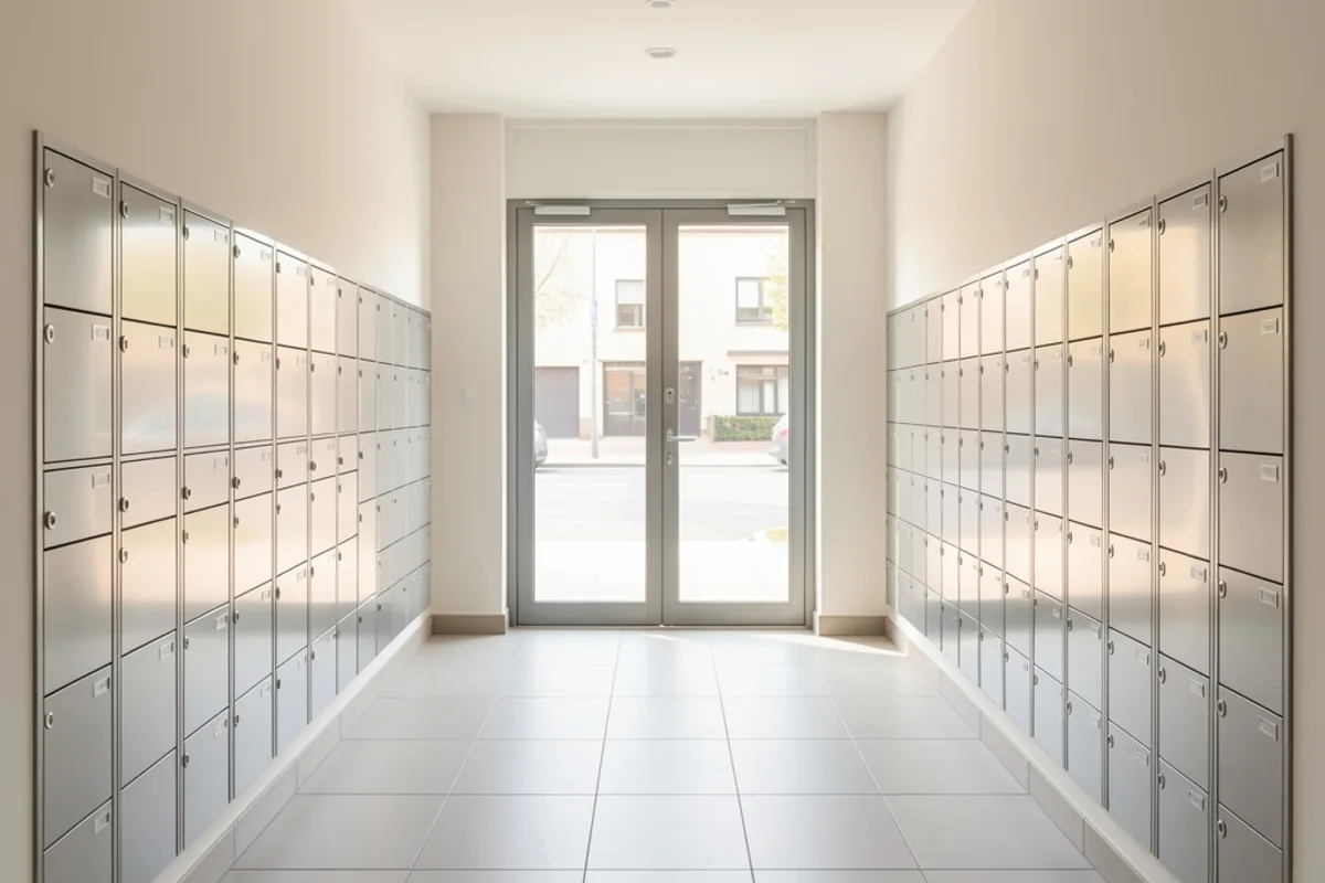 Hall d&rsquo;entrée d&rsquo;immeuble avec boîtes aux lettres uniformes et porte vitrée