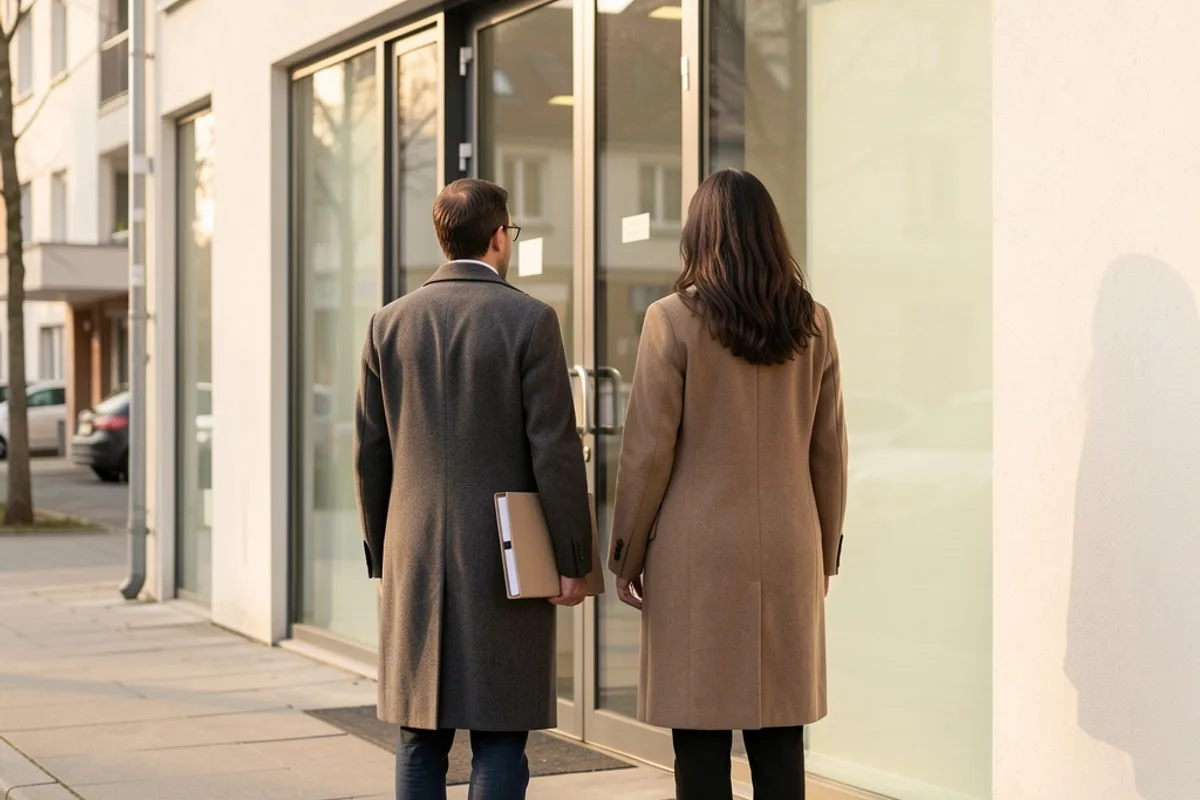 Deux personnes de dos devant la porte d&rsquo;un immeuble, dossier sous le bras