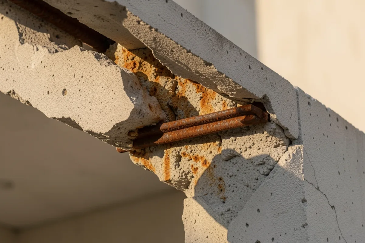 Linteau en béton d&rsquo;immeuble avec fer rouillé apparent sous un enduit décollé