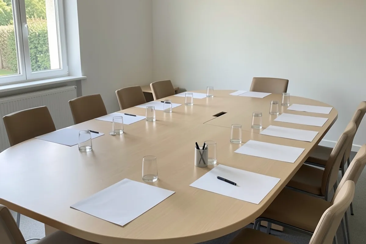 Table de réunion d&rsquo;assemblée générale de copropriété avec feuilles vierges et chaises vides