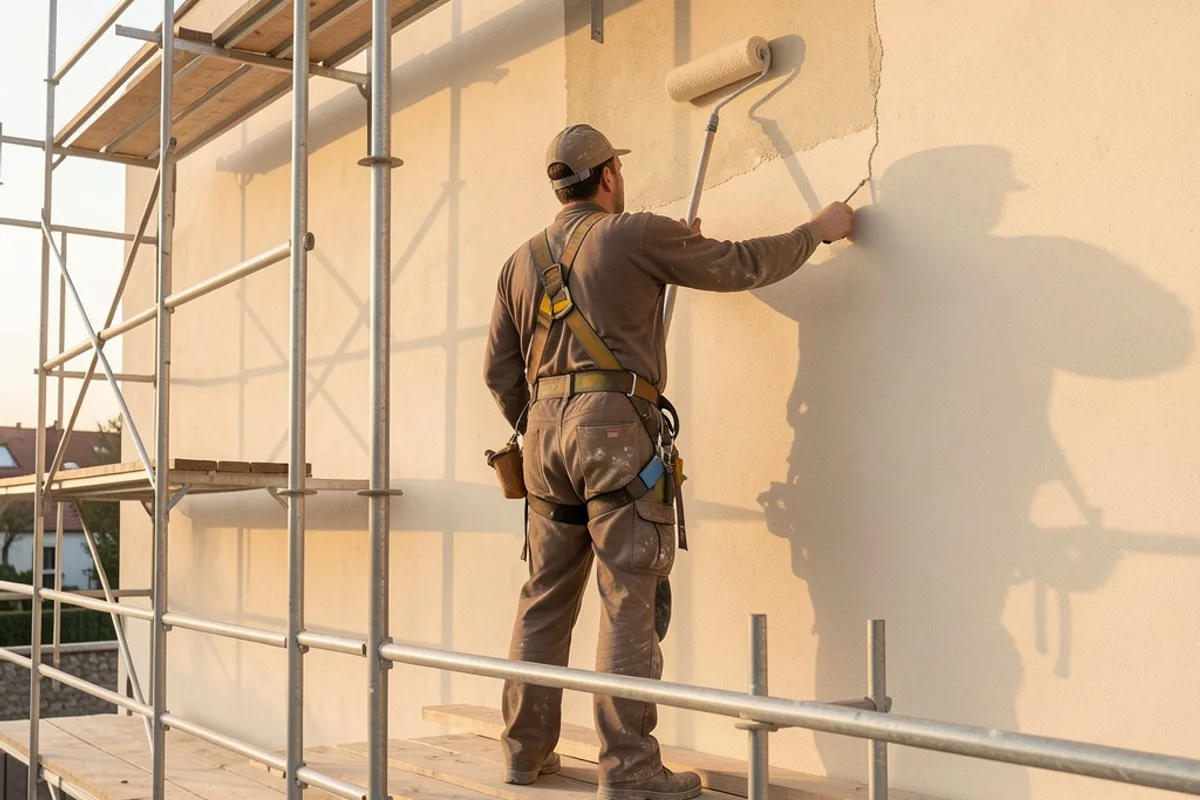 Ouvrier de dos sur un échafaudage appliquant un enduit beige au rouleau sur une façade