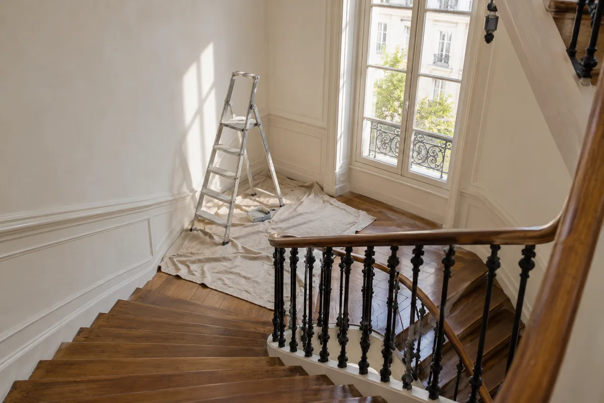 Cage d&rsquo;escalier d&rsquo;immeuble ancien avec un escabeau posé sur une bâche de protection