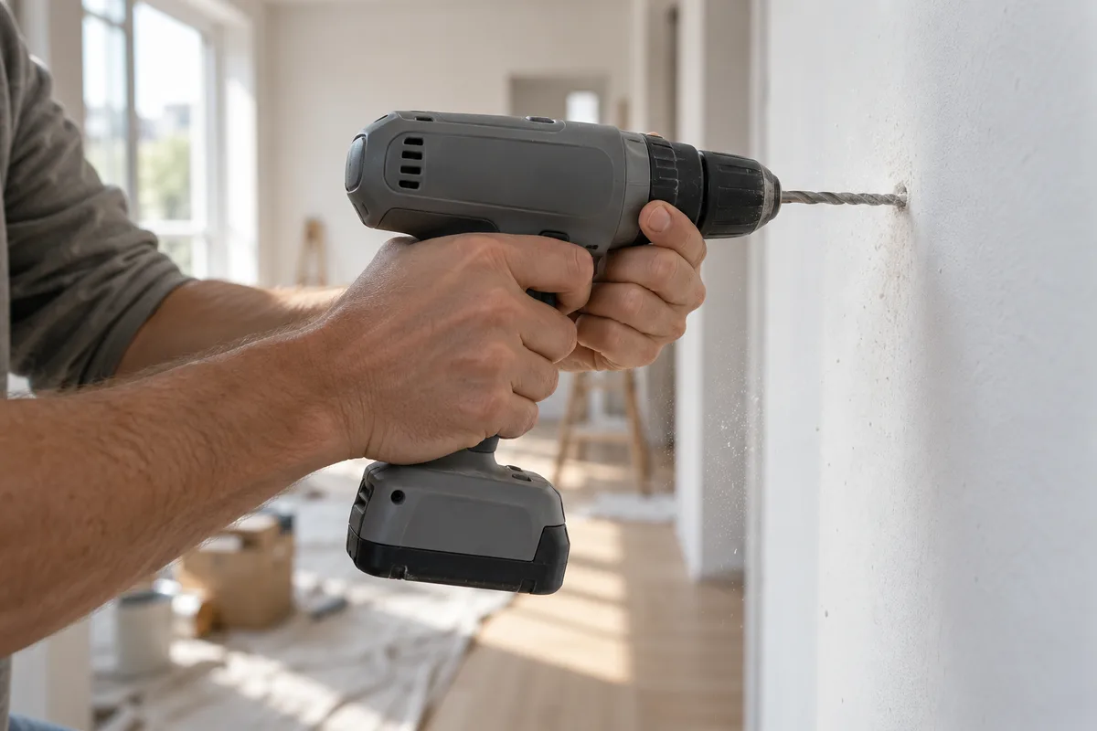 Mains tenant une perceuse sans fil grise contre un mur blanc d&rsquo;appartement