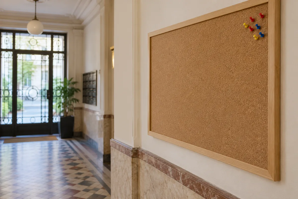 Panneau d&rsquo;affichage en liège vierge dans le hall d&rsquo;un immeuble, punaises colorées